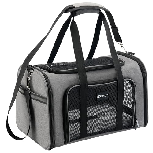 Soundy Large Cat Carrier Dog Carrier Under 25 Lbs,Collapsible Ventilated Portable Pet Bag with Soft Sided Breathable Mesh for Long Car Trips Maxi Load 2 Kittens or Small, Medium Dog (Large Grey) - color: Grey