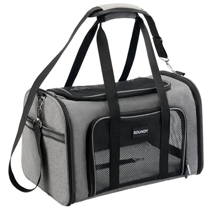 Soundy Large Cat Carrier Dog Carrier Under 25 Lbs,Collapsible Ventilated Portable Pet Bag with Soft Sided Breathable Mesh for Long Car Trips Maxi Load 2 Kittens or Small, Medium Dog (Large Grey) - color: Grey