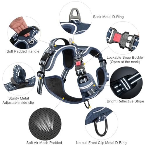 Timos Dog Harness Small Sized, No Pull Pet Harness with Neck Lockable Snap,No Choke Front Clip Dog Reflective Vest,Adjustable Metal Rings 3 Buckles,Easy Control Handle for Small Dogs Royal Blue S - color: Lock Royal Blue, size: Small (Pack of 1)