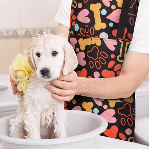 Dog Grooming Waterproof Apron with 2 Pockets, Cute Animals Puppy Dog Pets Apron - style: Cartoon Heart Bone