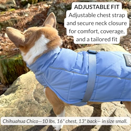 DJANGO Insulated Puffer Dog Jacket with Harness Hole – Warm, Water-Repellent Winter Dog Coat for Small Dogs, Dachshunds, Puppies – Adjustable, Reflective Cold Weather Dog Apparel – Dusk Blue, Small - color: Dusk Blue, size: Small