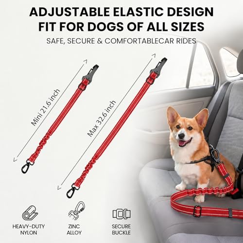 Dog Car Seat Belt 3-in-1, Escape Proof Dog Seatbelt for Car, Adjustable Pet Seat Belt with Shock Absorbing Bungee, Heavy Duty Dog Safety Belt for Small Medium Large Dogs, Red - color: Red