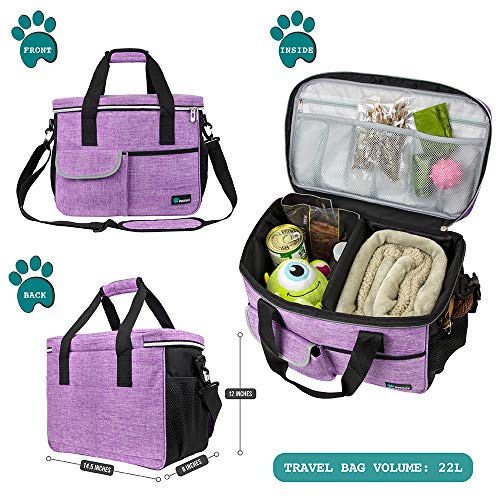 PetAmi Dog Travel Bag Organizer, Pet Travel Kit with 2 Food Containers & 2 Collapsible Dog Bowls, Pet Supplies Tote with Luggage Sleeve, Weekend Road Trip Camping Essentials, Purple, Medium - color: Purple, size: Medium - 14.5"L x 8"W x 12.0"H