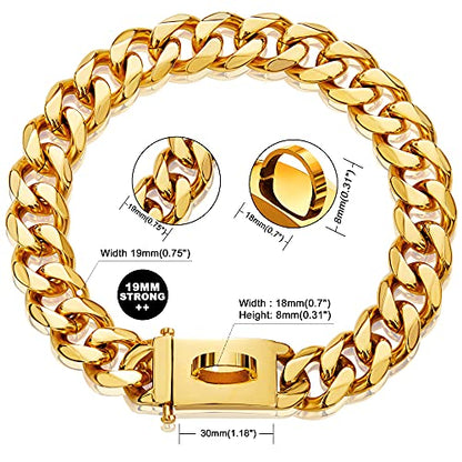 Gold Dog Chain Collar Walking Metal Chain Collar with Design Secure Buckle,18K Cuban Link Strong Heavy Duty Chew Proof for Medium Dogs(19MM, 14") - size: 14 Inch (Pack of 1)