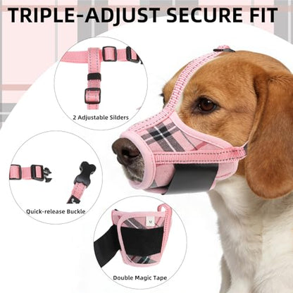 PUPTECK Dog Muzzle, Soft Adjustable Loop Reflective Pets Muzzle Prevent Biting Barking Chewing, Breathable Muzzle with Air Mesh Dog Mouth Guard Drinkable for Large Medium Small Sized, Pink Plaid S - color: Pink, size: S (Snout Cir: 4.7"-5.9")