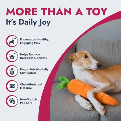 PetLou 15 Inch Carrot Plush Dog Toy for Soft Chewers, Durable Squeaky & Crinkle, Anti Boredom Chew Toy for Dogs, Cute Soft Stuffed Calming Indoor Pet Toy for All Dog Breeds