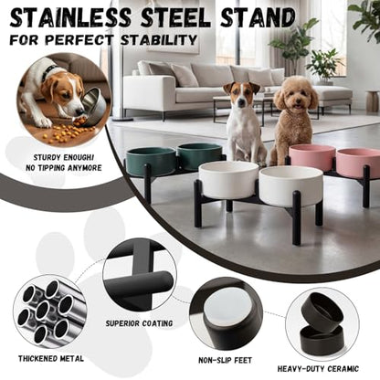 Raised Ceramic Dog Bowl Set - Elevated Double Dishes with Stainless Steel Stand - Food and Water Bowls for Small to Medium Dogs - Each Holds 3.5 Cups (29.57 fl oz) - Pink - color: Pink, size: 2 Bowls - 3.5 Cups Each