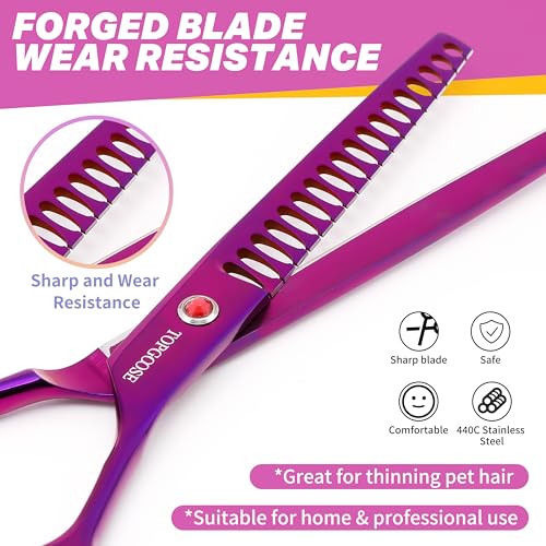 7.5" Dog Grooming Scissor - Professional Thinning Chunker Shear with 18 Teeth Japanese Stainless Steel Hair Scissors for Dogs, Cats and Other Pets (Chunker, Purple) - color: Purple