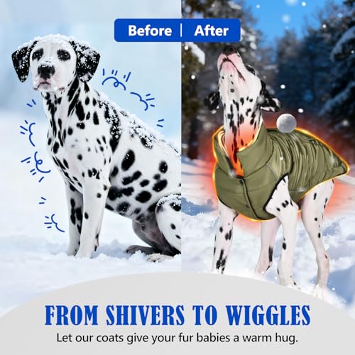 Dog Winter Puffer Jacket Waterproof, Reflective Furry Fleece Lined Dog Coats for Small Medium Dogs, Warm Snow Coat, Insulated Cold Weather Dogs Vest Jackets with Leash Hole, Olive - color: Olive, size: XL: 20–25 lbs