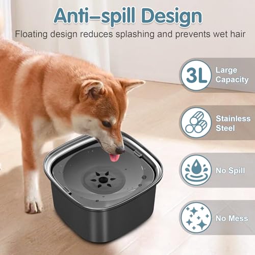 UPSKY 3L Dog Water Bowl 101oz Stainless Steel No Spill Large Capacity Dog Food Water Bowl Slow Water Feeder, Spill Proof Pet Water Dispenser Vehicle Carried Travel Water Bowls - color: C-Black