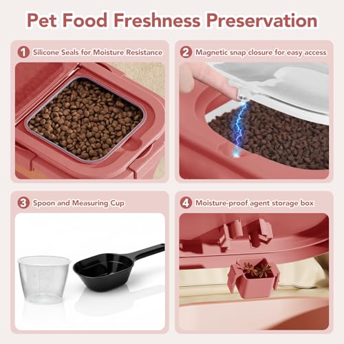 Summark 15 Lbs Dog/Cat Food Storage Container,Collapsible Food Storage Containers with Rolling Wheel Airtight Locking Lid,Pet Food Storage Container with Cup and Scoop,Pink - color: Pink