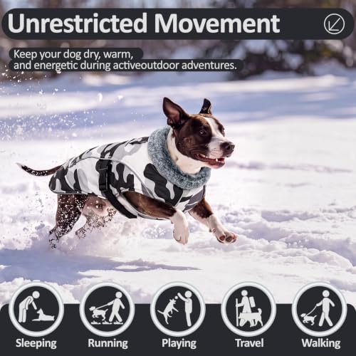 DENTRUN Warm Dog Winter Coat, Easy On Reflective Turtleneck Fleece Jacket | Adjustable buckle, easy on off, windproof & water-repellent, thick fleece snowsuit, outfit fits small to large breeds - color: White Camouflage, size: Large