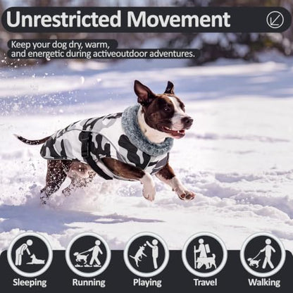DENTRUN Warm Dog Winter Coat, Easy On Reflective Turtleneck Fleece Jacket | Adjustable buckle, easy on off, windproof & water-repellent, thick fleece snowsuit, outfit fits small to large breeds - color: White Camouflage, size: Large