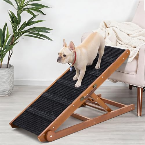 Dog Ramp for Bed - Foldable Small to Large Dog Ramp for Couch - 6 Adjustable Height from 12" to 24" - Stairs with High Traction Mat - Wooden Ramp for Dogs to Get on Bed Couch Car Up to 200LBS（Walnut） - color: Walnut/Standard, size: 40"L x 15.7"W, style: S