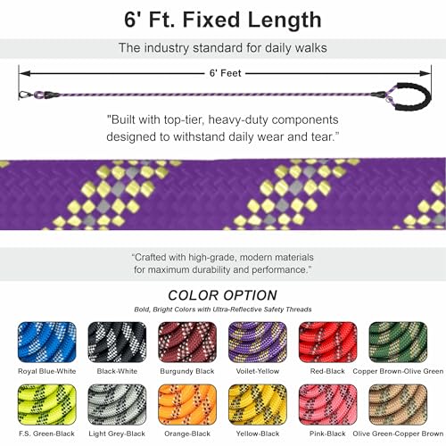 Homapet. Braided Rope Dog Leash 6 Ft with Comfortable Padded Handle Reflective Threads with Poop Bag Dispenser for Large Dogs (Violet/Yellow 6FT-1/2) - color: Violet/Yellow