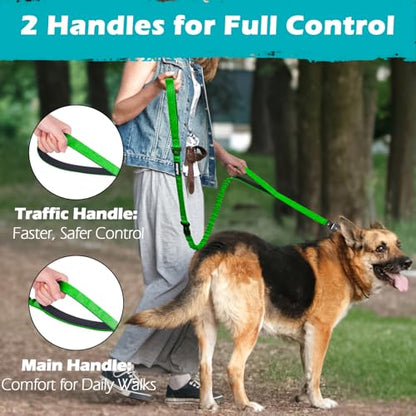 PetBonus Heavy Duty Tactical Dog Leash, 5 FT Bungee Shock Absorption Leash with 2 Padded Handles, Quick Release Metal Clip, Car Seatbelt, No Pull Training Lead for Large Medium Dogs（Grass Green） - color: Grass Green