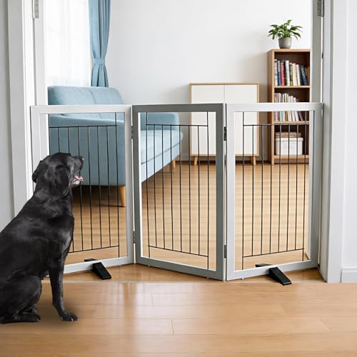 Dog Fence Indoor - 3-Panel Freestanding Dog Gate for Doorways, Hallways, House or Stairs -60x32-Inch Retractable Foldable Expandable Wood Pet by SFJC (Grey) - color: Gray, size: 【3 Panels】60''w X 32''h