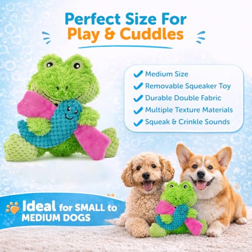 GURU Loveys Soft & Cuddly Frog Dog Toy with Removable Squeaker - Dog Toy with Multiple Textures to Stimulate Play & Engage Your Dog’s Instincts- Puzzle Dog Toy, Low-Pile & Bubble Plush - style: Frog