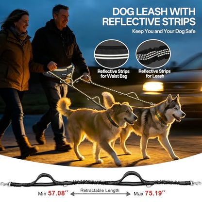Hands Free Double Dog Leash for Two Dogs,240LB Heavy Duty Retractable with Partitioned Pouch Adjustable Waist for Walking Running Jogging Hiking Biking Training for Medium/Large(Not for＜25LBS)