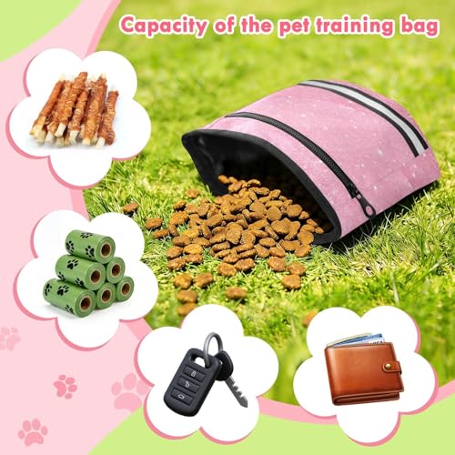 Dog Treat Pouch Magnetic Closure Reflective Webbing Training Bag with Adjustable Waist Belt Crossbody Strap Zippered Pocket, Pink Glitter Texture