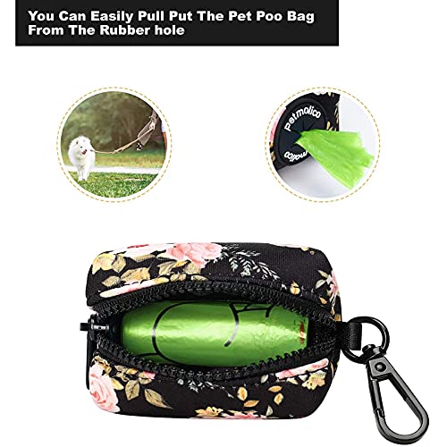 Petmolico Dog Poop Bag Holder Leash Attachment, Waste Bag Dispenser Zippered Pouch, Fits Any Leash, Includes Free Roll of Bags, 2 Packs - Pink Rose - color: Black with Pink Rose