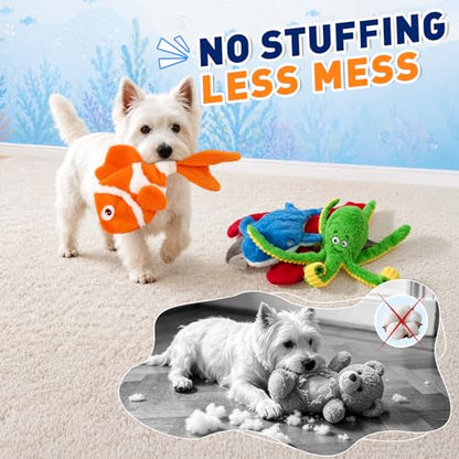 No Stuffing Squeaky Crinkle Dog Toys, 5-Pack Ocean Animal Plush Set | For puppies and small, medium & large dogs | full-body crinkle and squeaker in every toy | easy to carry, toss and shake - color: Ocean