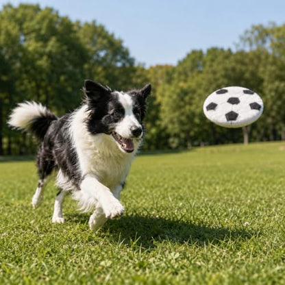 Dog Flying Disc Toy, Soft Plush Sports Ball Shaped Frisbee, Chew Resistant Squeaky Puppy Toy, Interactive Outdoor Training & Indoor Enrichment Toy (Soccer Ball) - color: Soccer Ball