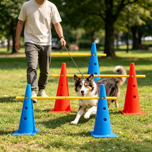 TNZMART Dog Agility Jumps Hurdles and Weave Poles Training Equipment Set Adjustable Dog Cones Obstacle Course for Backyard Portable Canine Exercise Kit with Carry Bag (Mix 4, 19 in) - size: 19 in