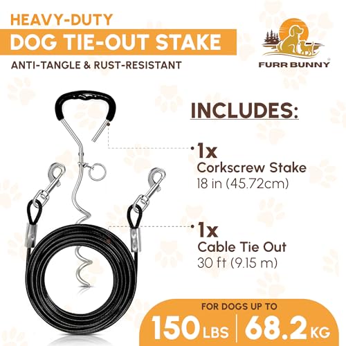 Heavy Duty Dog Tie Out Cable and Stake for Large to Extra Large Dogs Upto 150 LBs – Anti-Tangle, Rust-Resistant, 360° Swivel Leash System – 18 Inches Spiral Anchor and 7mm 30 FT Long Leash - size: Large to Extra Large Dog, 30 FT-7mm