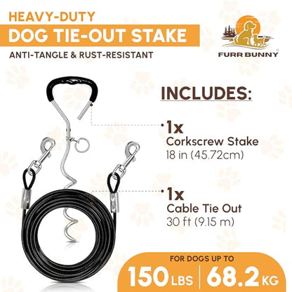 Heavy Duty Dog Tie Out Cable and Stake for Large to Extra Large Dogs Upto 150 LBs – Anti-Tangle, Rust-Resistant, 360° Swivel Leash System – 18 Inches Spiral Anchor and 7mm 30 FT Long Leash - size: Large to Extra Large Dog, 30 FT-7mm