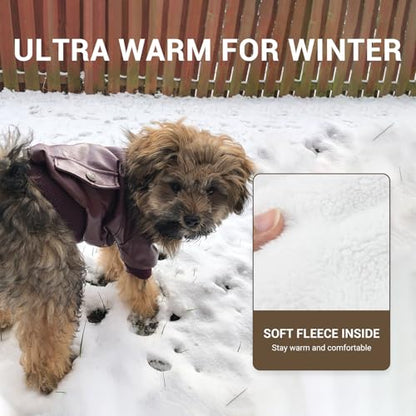 LESYPET Dog Leather Jacket for Small Dogs, Waterproof Dog Winter Jacket Puppy Coat with Fleece Lined, Ultra Warm Fur Collar Doggie Coat, Red S - color: Wine Red, size: Small