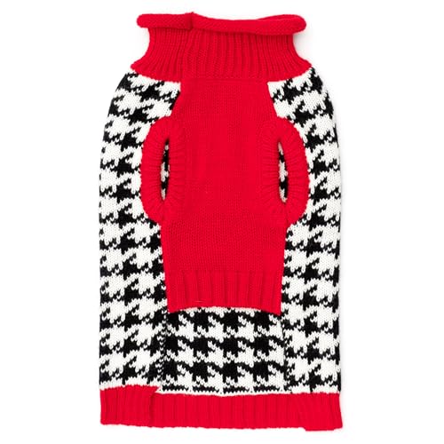 THE WORTHY DOG Houndstooth Sweater & Scarf Set Dog Sweater – Warm Pullover Dog Clothes with Leash Opening, Acrylic Double Knit & High-Cut Belly - Black, Small - color: Houndstooth - Black/White/Red, size: Small