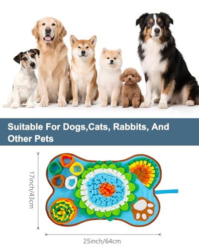 Snuffle Mat for Dogs 25x17in Slow Feeder Squeaker Washable | Snuffle mat for puppies, cats, rabbits. Mental stimulation toy, built-in squeaker, machine washable, blue