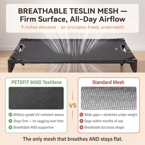 Petsfit Elevated Dog Bed for Large Dogs – Patented Anti-Sag Tension Bar, Cooling Raised Dog Cot for Outdoor/Camping/Indoor, Teslin Mesh, Non-Slip Frame, 48" - size: L-48"