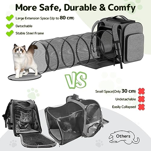 Cat Backpack with Detachable Play Tunnel, 2 in 1 Cat Tunnel Backpack Suitable for Carrying & Playing, Expandable Dog Backpack for Small Medium Kitten Puppy, Suitable for Travel Hiking Camping - color: Grey+Tunnel
