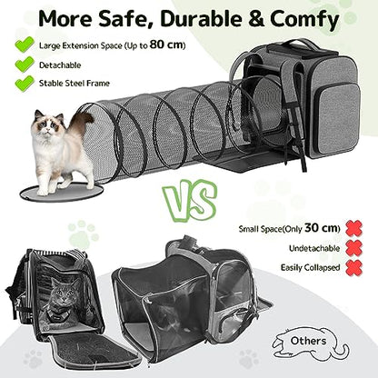 Cat Backpack with Detachable Play Tunnel, 2 in 1 Cat Tunnel Backpack Suitable for Carrying & Playing, Expandable Dog Backpack for Small Medium Kitten Puppy, Suitable for Travel Hiking Camping - color: Grey+Tunnel
