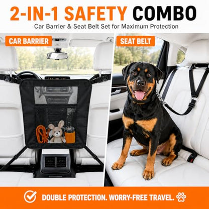 Dog Car Barrier, Dog Car Net Barrier, Heavy Duty Canvas Seat Divider with Belt Set, Double-Sided Organizer, Adjustable Pet Safety Kit, Precision Fit for SUV & Cars