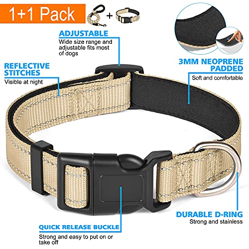 Ladoogo Reflective Dog Collar Padded with Soft Neoprene Breathable Adjustable Nylon Dog Collars for Small Medium Large Dogs (X-Small (Pack of 1), Vanilla Collar+Leash) - color: Vanilla Collar+Leash, size: X-Small (Pack of 1)