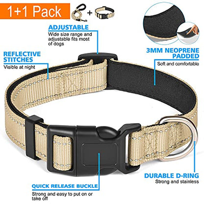 Ladoogo Reflective Dog Collar Padded with Soft Neoprene Breathable Adjustable Nylon Dog Collars for Small Medium Large Dogs (X-Small (Pack of 1), Vanilla Collar+Leash) - color: Vanilla Collar+Leash, size: X-Small (Pack of 1)