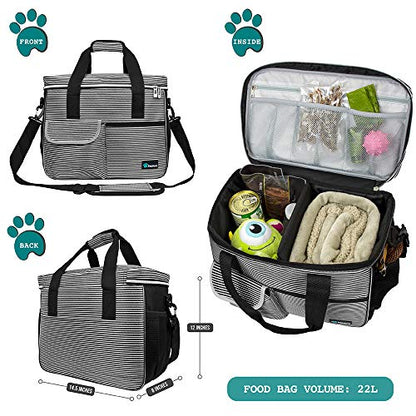 PetAmi Dog Travel Bag Organizer, Pet Travel Kit with 2 Food Containers & 2 Collapsible Dog Bowls, Pet Supplies Tote with Luggage Sleeve, Weekend Road Trip Camping Essentials, Stripe Black, Medium - color: Stripe Black, size: Medium - 14.5"L x 8"W x 12.0"H