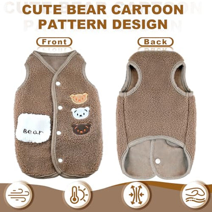 Dog Fleece Vest Sweater Button-Up Warm Pullover Step-in Dog Jacket with Bear Print, Winter Cold Weather Coat Clothes Hoodie for Small Medium Dogs Puppy Boy Girl(Brown, M(8 to 12 lbs)) - color: Brown, size: M(8 to 12 lbs)