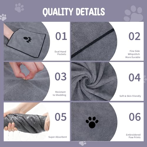 ATONET Microfiber Dog Towel with Two Pockets for Drying, 40"x23.6" Super Absorbent Pet Grooming Towel, Soft and Quick Drying for Large Dogs, Shower & Bath Supplies (Grey)