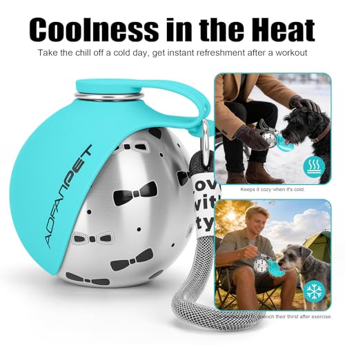 Portable Dog Water Bottle 10oz Stainless Steel Travel Dog Water Dispenser with Bowl No-Spill Puppy Water Bottle for Walking Hiking Small Dog Water Bottle (Blue Bow Print) - color: Blue Bow Print