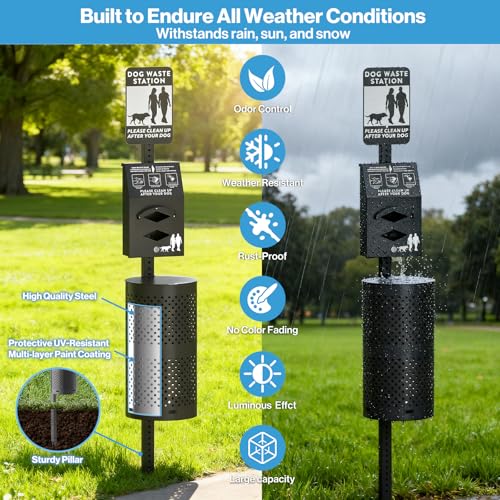 POCHAR Dog Waste Station with 600 Bags, 10 Gallon Outdoor Trash Can, Waterproof Poop Disposal Bin with Sign and Lid for Park, Trail, Yard