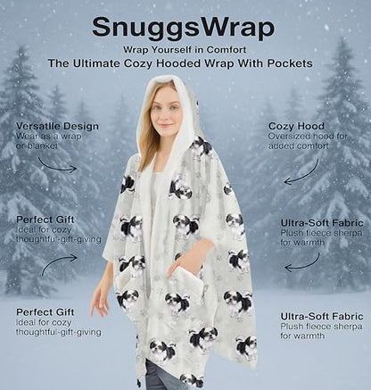 E&S Pets Sherpa Wearable Blanket Hoodie for Women – Soft Fleece Snuggs Wrap – 32 Dog & Cat Breeds – Warm Pet Lover Gifts - color: Shih Tzu Black N White