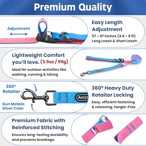 Anccoplus Hands Free Dog Leash, Multifunctional Crossbody Running for Dogs, Ultra-Light Dog Training Leash with Secure Clip, Short & Long Leashes, Adjustable Service Dog Leashes (Aqua Pink) - color: Aqua Pink