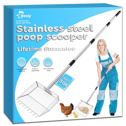 Chicken Poop Scooper & Rake 2-in-1,304 Stainless Steel Rustproof Shovel Head with 35" to 62" Adjustable Handle,Coop Cleaning Tool Scoop,Sifting Shovel for Goat Stall/Stable/Farm - size: 100% Stainless Steel-10 inch