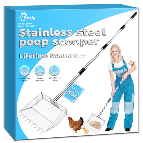 Chicken Poop Scooper & Rake 2-in-1,304 Stainless Steel Rustproof Shovel Head with 35" to 62" Adjustable Handle,Coop Cleaning Tool Scoop,Sifting Shovel for Goat Stall/Stable/Farm - size: 100% Stainless Steel-10 inch