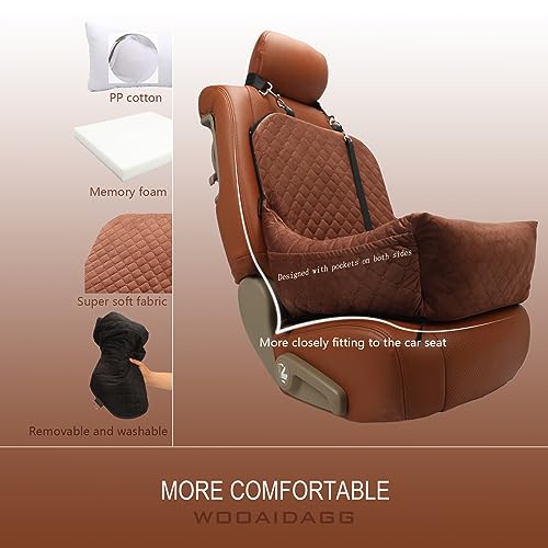 Wooaidagg Dog Car Seat for Small Dogs,Covered Soft Fabric and Fill in Memory Foam,Easy to Assemble and Fully Detachable,2 Clip-On Safety Leashes and Storage Pockets(Brown) - color: Brown