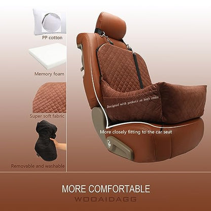 Wooaidagg Dog Car Seat for Small Dogs,Covered Soft Fabric and Fill in Memory Foam,Easy to Assemble and Fully Detachable,2 Clip-On Safety Leashes and Storage Pockets(Brown) - color: Brown